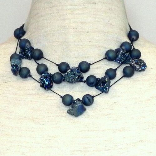 Semi-precious Dusty navy druzy beads on dark navy string 3-strand necklace (N-212)