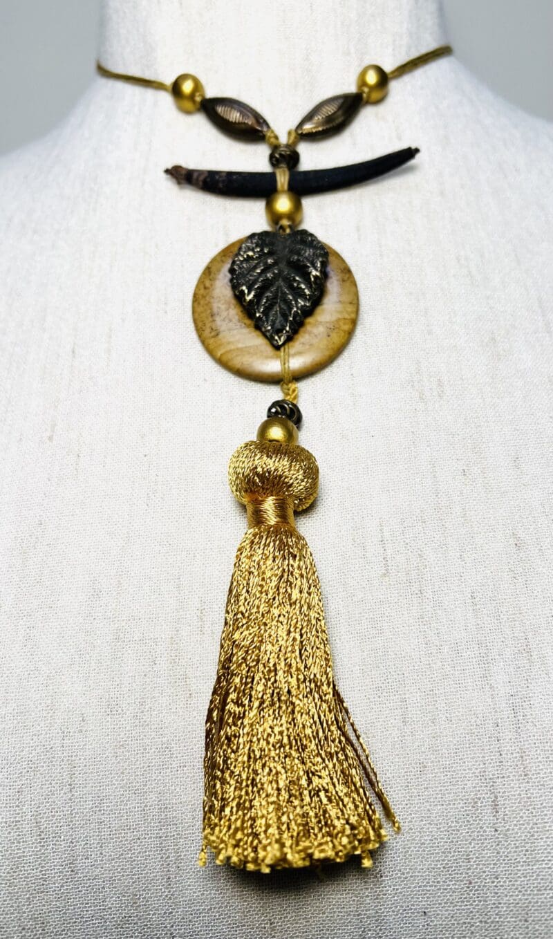 Gold, brass and wood beads on tan string drop tassel necklace (N-226) - Image 2