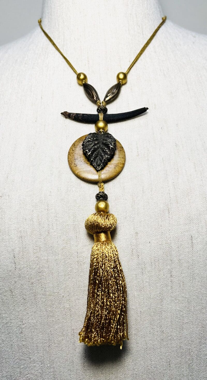 Gold, brass and wood beads on tan string drop tassel necklace (N-226)