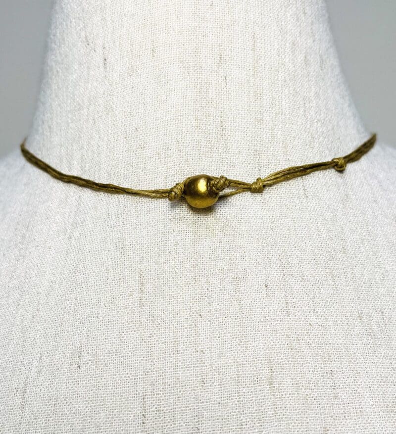 Gold, brass and wood beads on tan string drop tassel necklace (N-226) - Image 3