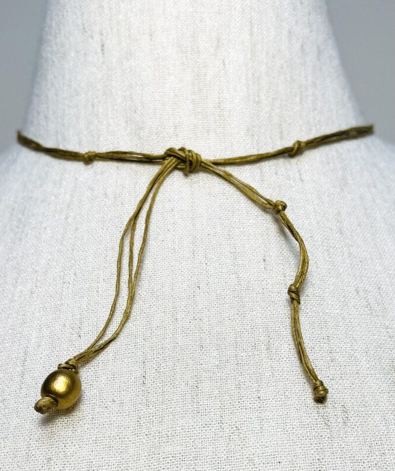 Gold, brass and wood beads on tan string drop tassel necklace (N-226) - Image 4