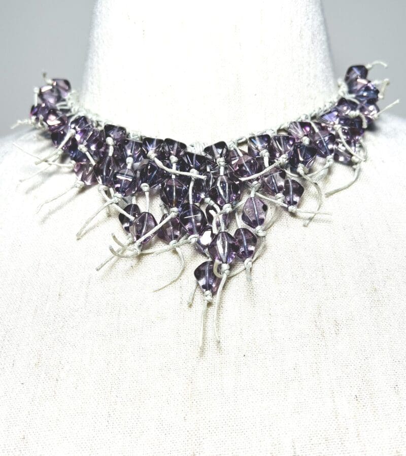 Amethyst-colored beads on silver string dangle necklace (N-232)