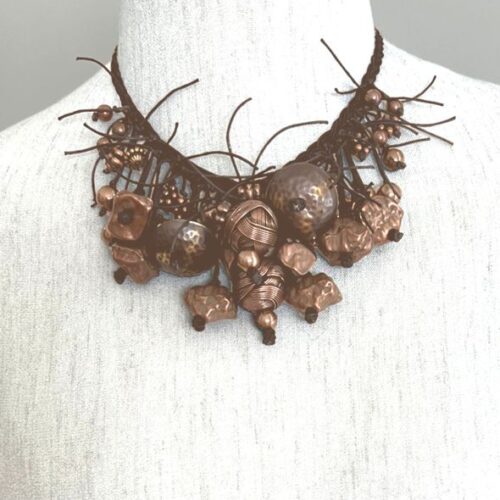 Copper beads on black cord short dangle necklace (N-266)