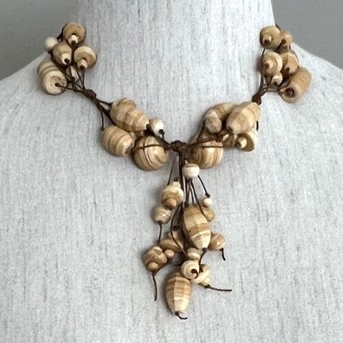 Natural wood beads on light brown string cluster necklace (N-267)