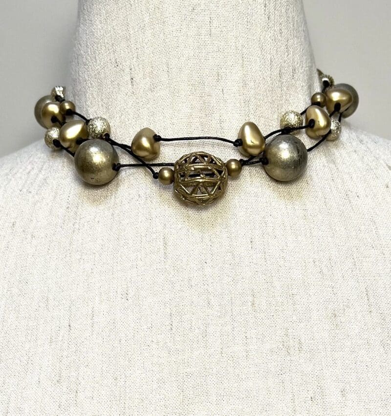 Old gold and other gold beads on black string 3-strand necklace (N-391) - Image 2