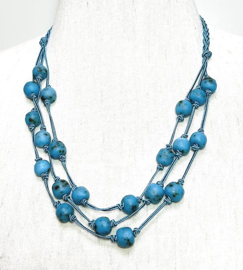 Vintage turquoise glass beads 3-strand necklace on turquoise cord (N-400)