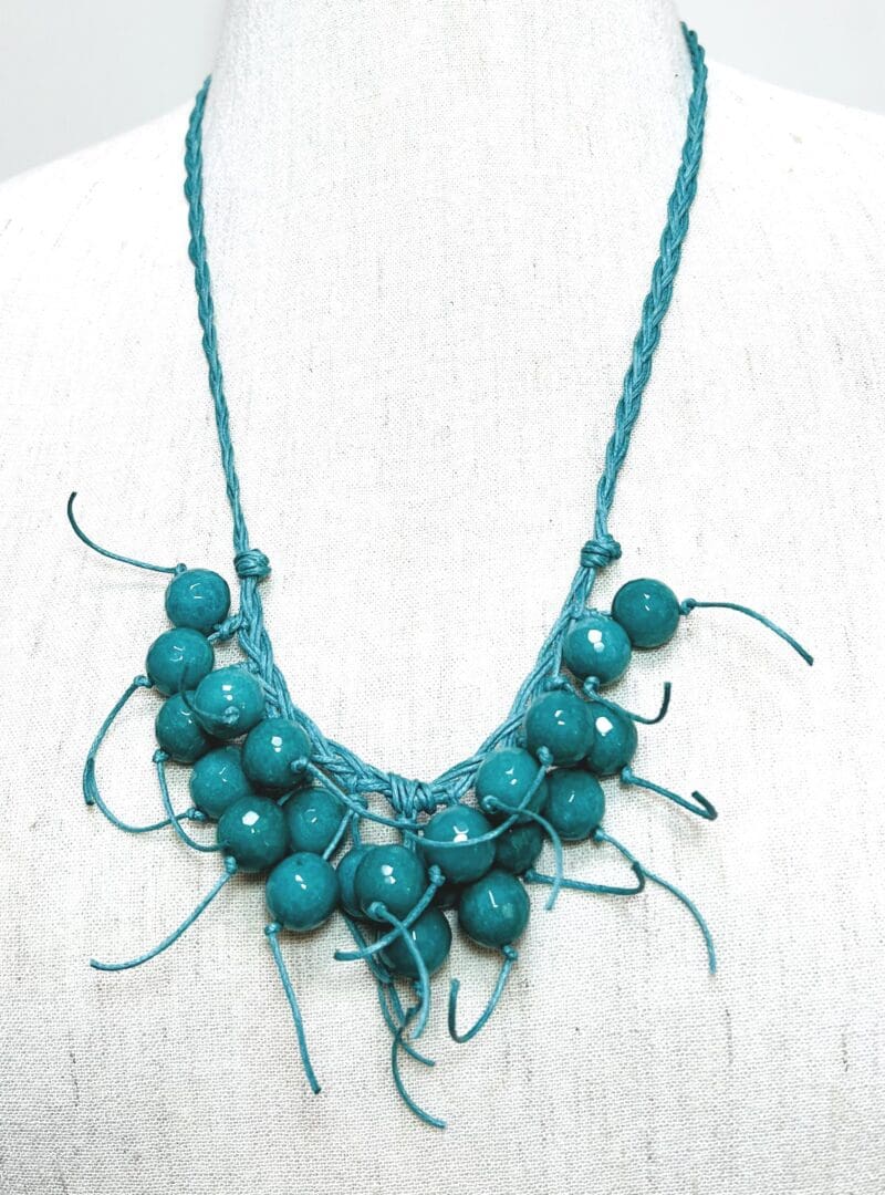 Pine green faceted glass beads short dangle necklace on pine green string (N-401) - Image 2