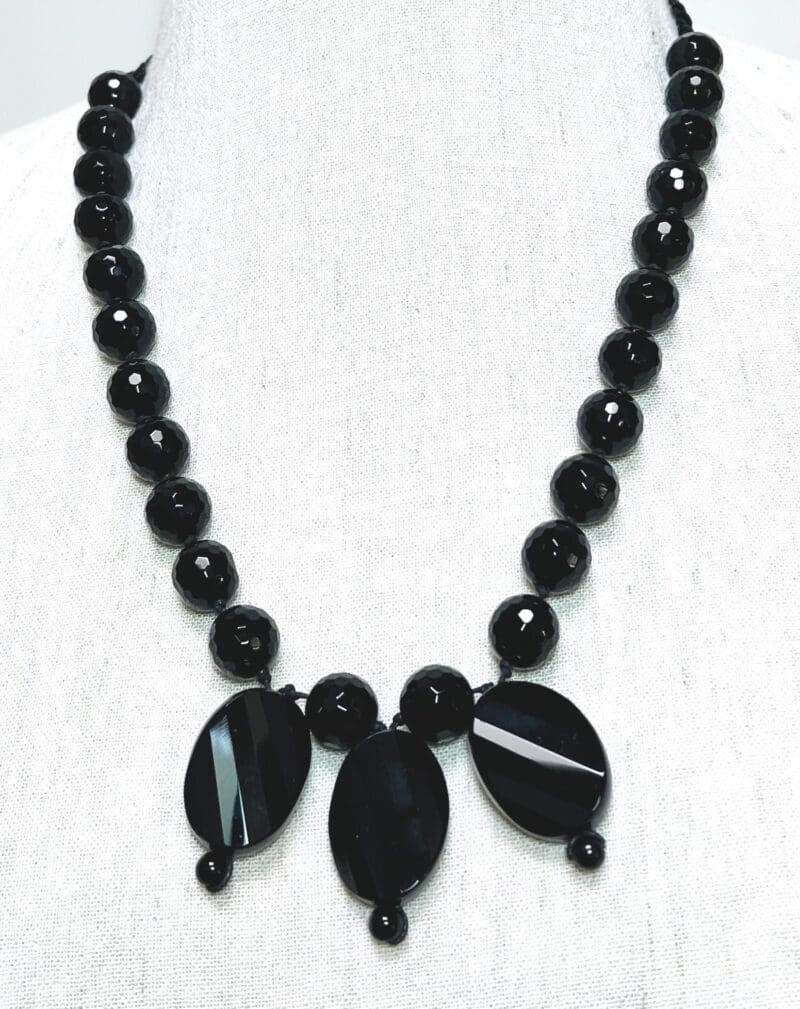 Jet black faceted glass beads 1-strand necklace on black string (N-402) - Image 2