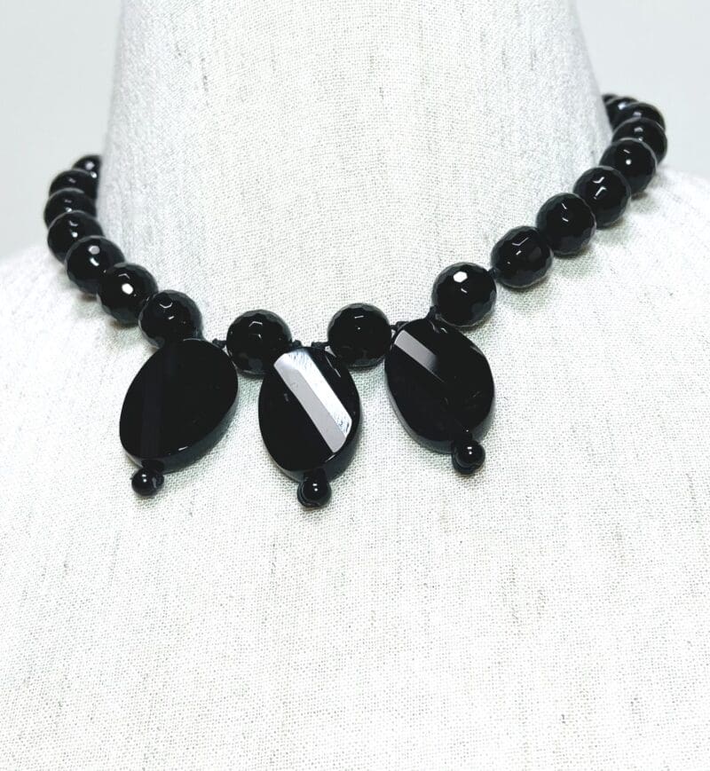 Jet black faceted glass beads 1-strand necklace on black string (N-402)