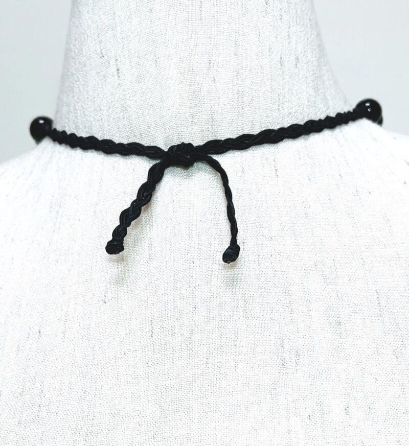 Jet black faceted glass beads 1-strand necklace on black string (N-402) - Image 3