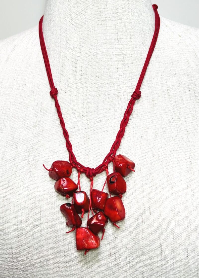 Red coral chunks drop dangle necklace on red cord (N-403) - Image 2