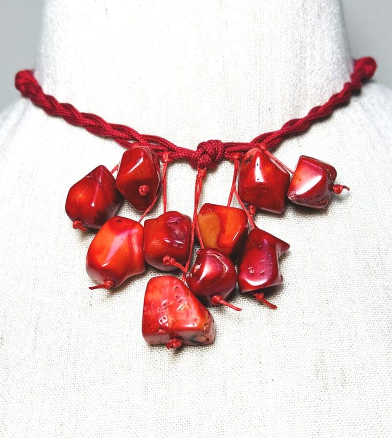 Red coral chunks drop dangle necklace on red cord (N-403)