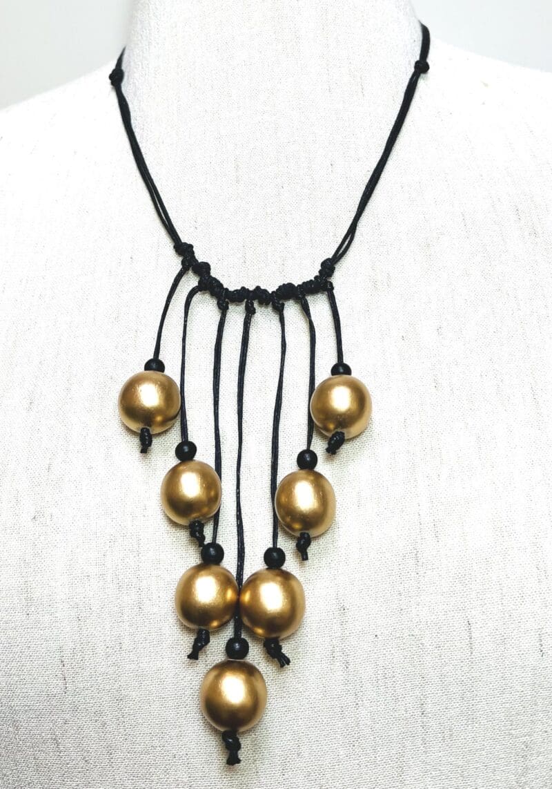 Gold wood beads drop dangle necklace on black string (N-404) - Image 2