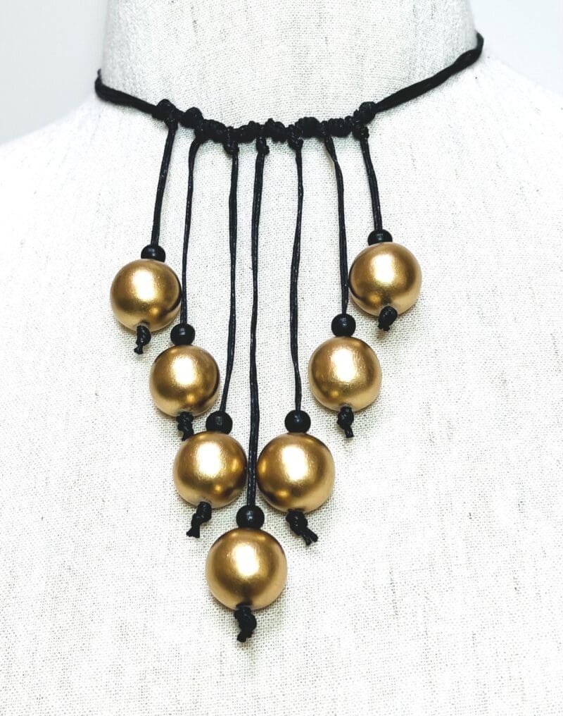 Gold wood beads drop dangle necklace on black string (N-404)