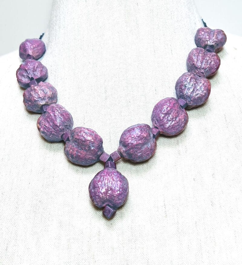 Dusty purple large seed and other beads 1-strand necklace on black string (N-405)