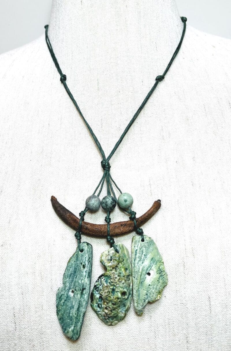 Green Abalone shell pieces and mangrove seed fancy drop necklace on dark green string (N-406) - Image 2