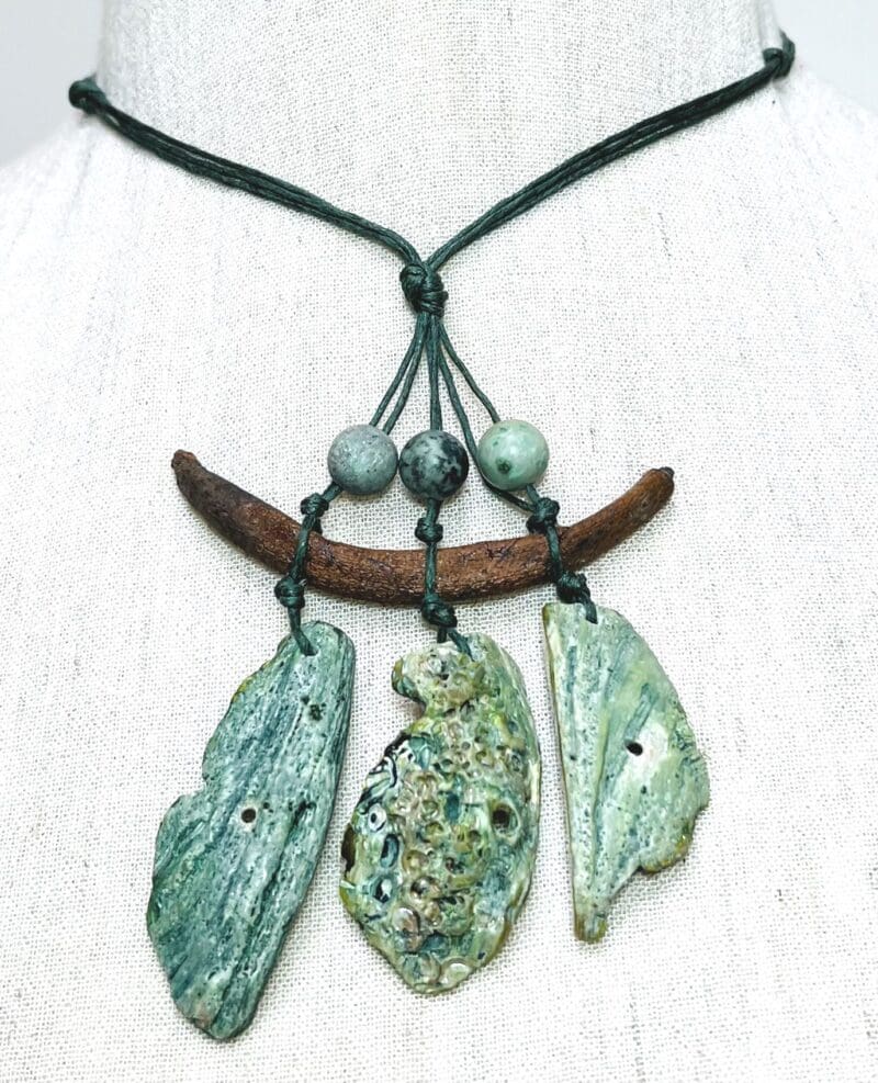 Green Abalone shell pieces and mangrove seed fancy drop necklace on dark green string (N-406)