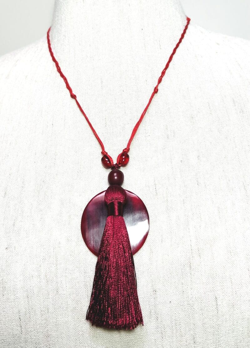 Dark red disc, beads and tassel on red string drop necklace (N-409) - Image 2