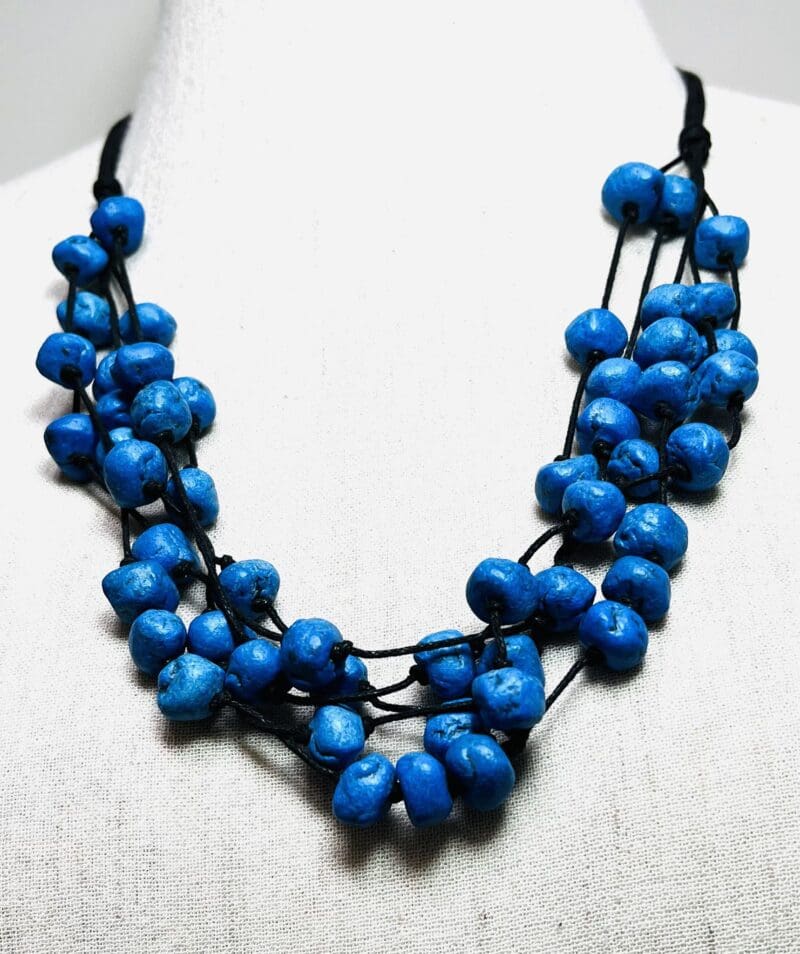 Bright blue Moroccan beads 5-strand necklace on black string (N-416)