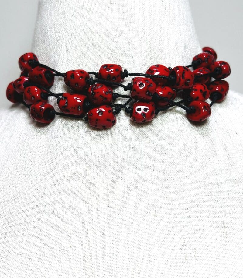 Cherry red speckled beads 5-strand necklace on black string (N-417) - Image 2