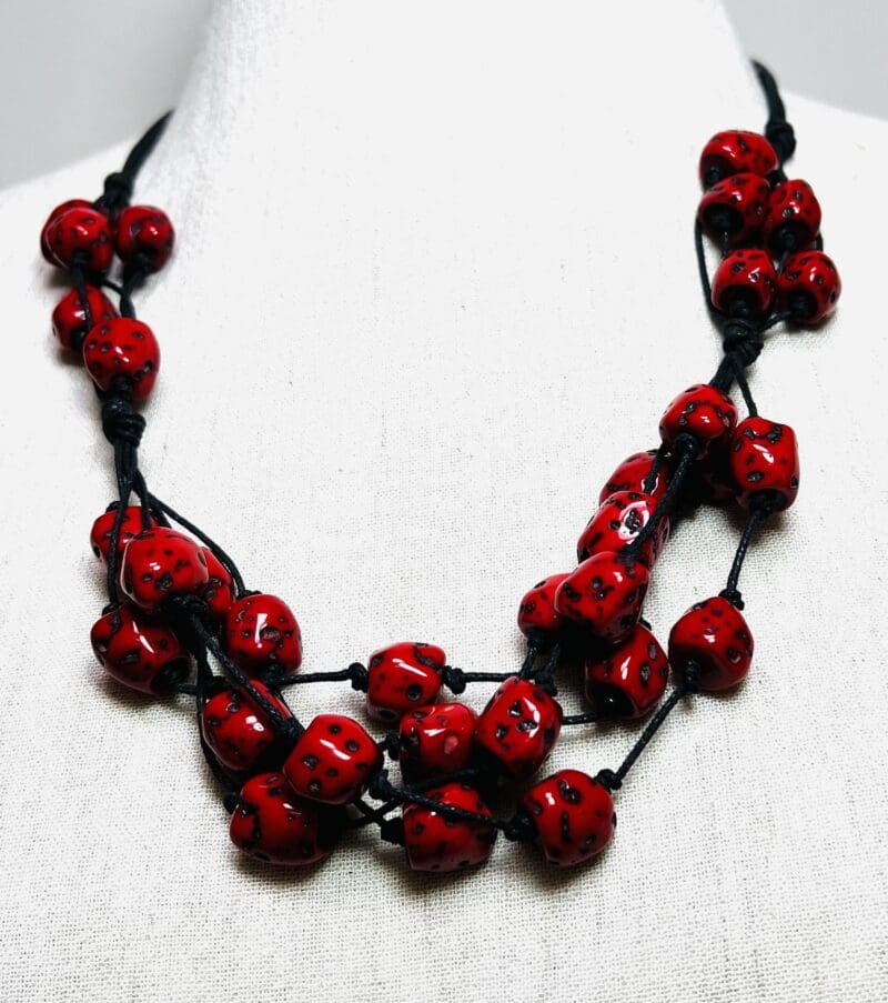 Cherry red speckled beads 5-strand necklace on black string (N-417)