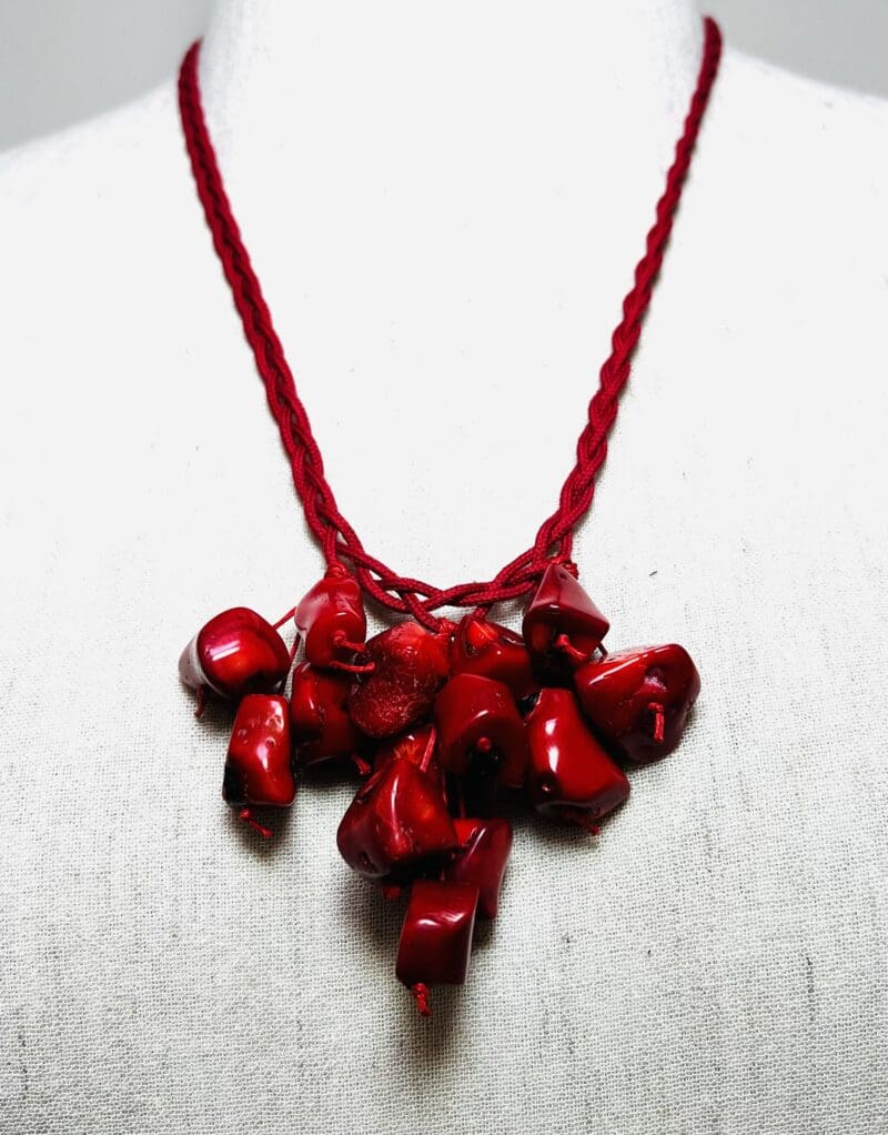 Red coral chunks drop dangle necklace on red cord (N-419)