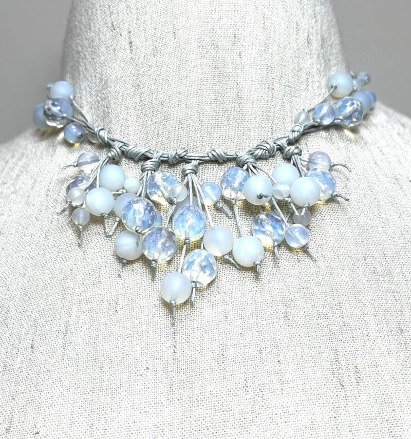 Light blue Moonstone beads fancy dangle necklace on grey string (N-420) - Image 2