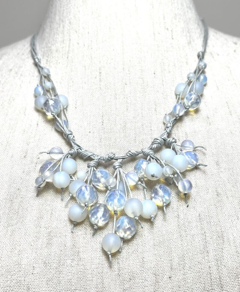 Light blue Moonstone beads fancy dangle necklace on grey string (N-420)