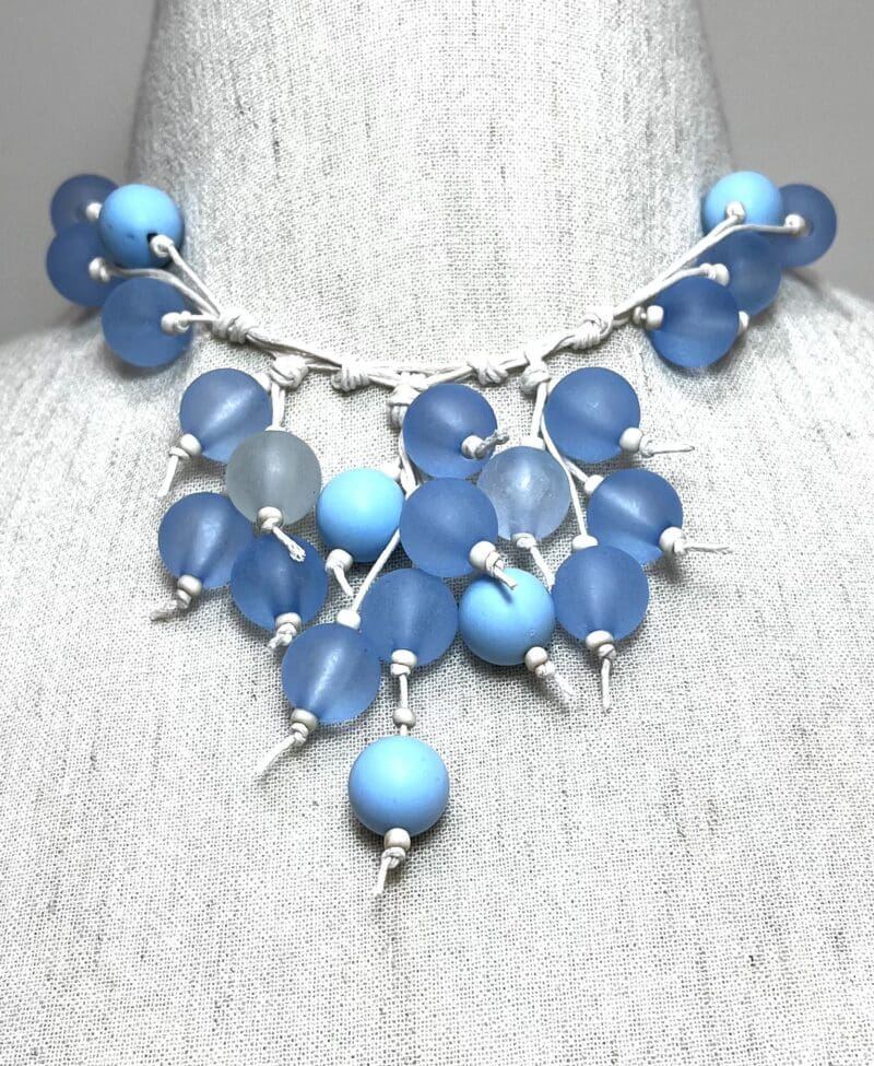 Translucent blue resin beads fancy dangle necklace on cream string (N-422) - Image 2