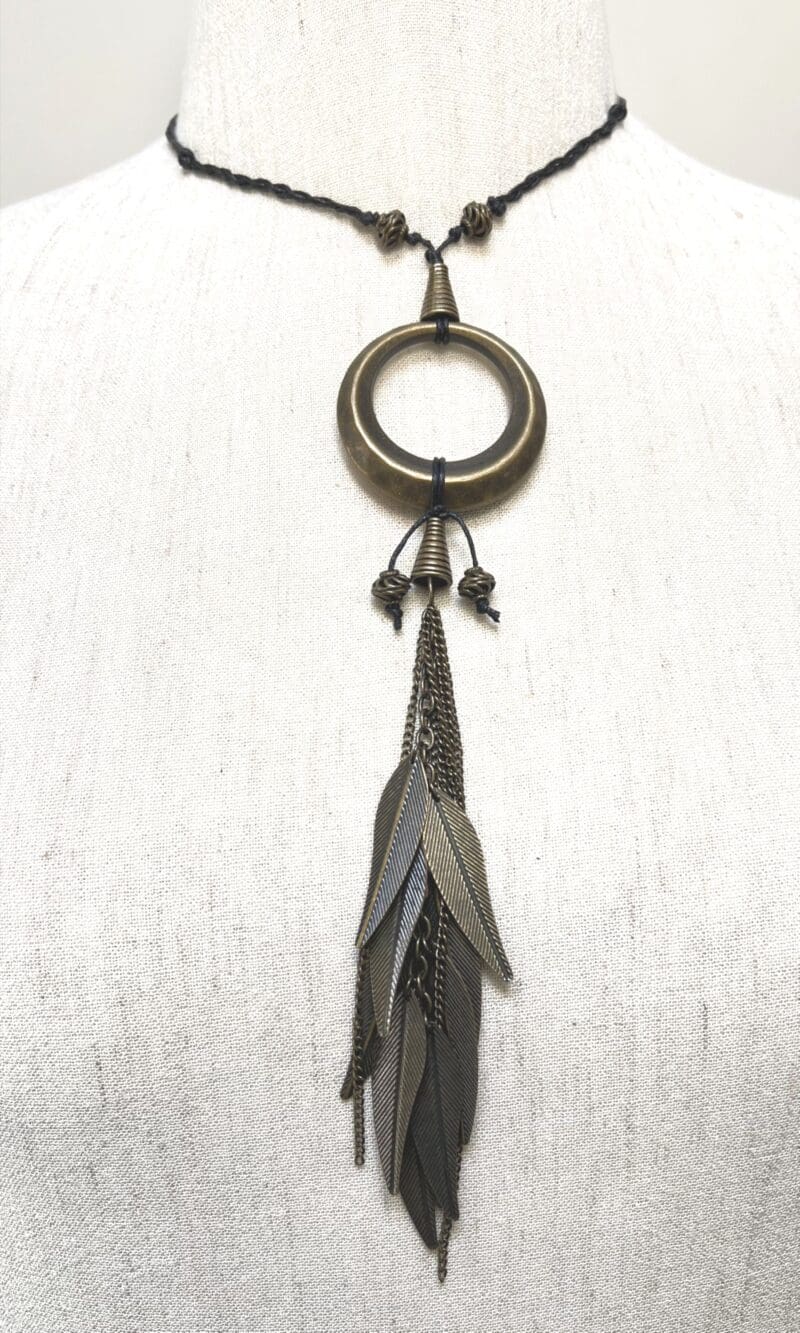 Dark bronze ring and leaf tassle fancy drop necklace on black string (N-425)