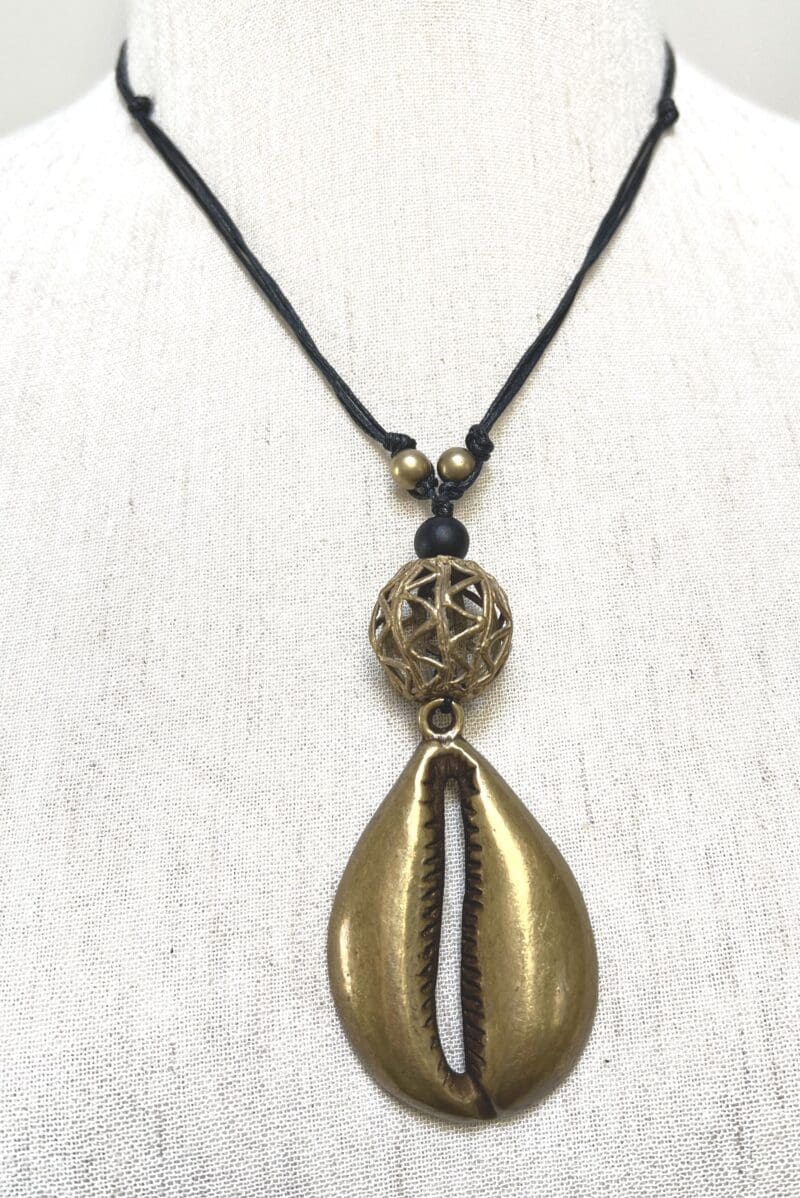 Bronze cowrie shell and brass beads fancy drop necklace on black string (N-426) - Image 2