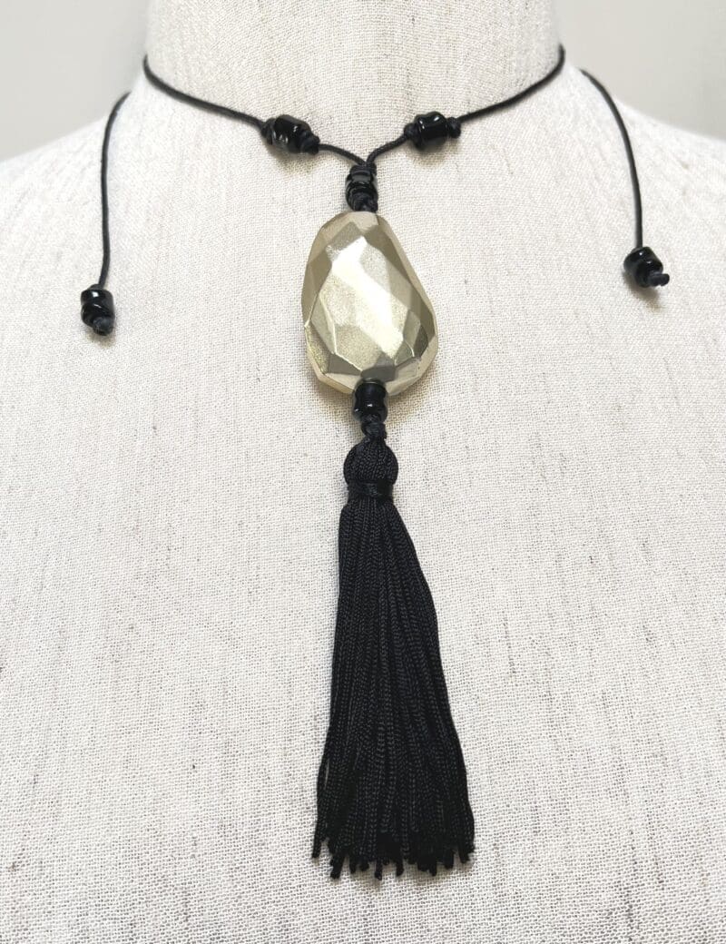 Gold faceted bead and black tassel fancy drop necklace on black string (N-427) - Image 2