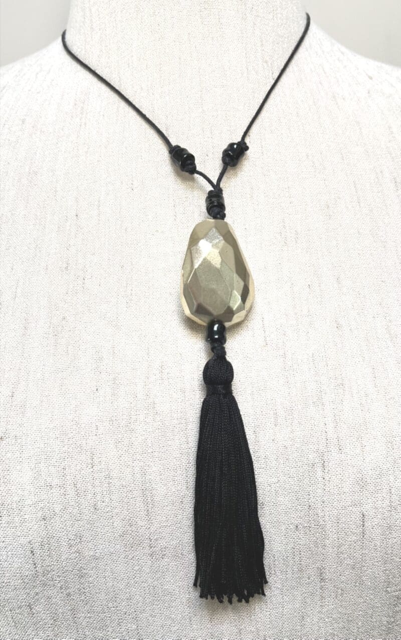 Gold faceted bead and black tassel fancy drop necklace on black string (N-427)