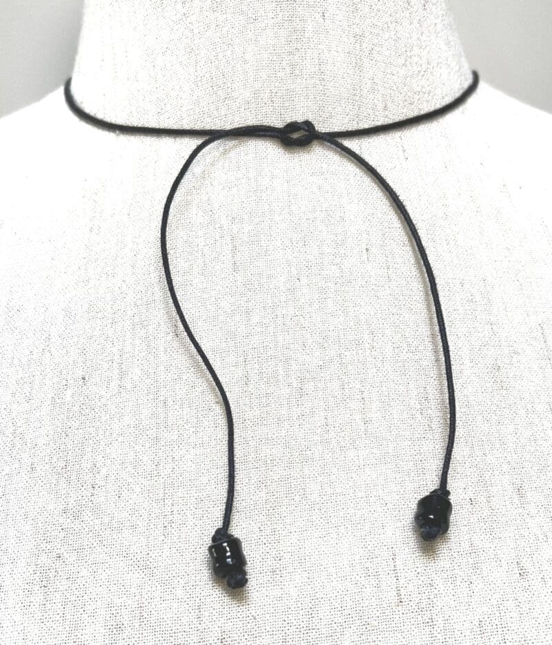 Gold faceted bead and black tassel fancy drop necklace on black string (N-427) - Image 3