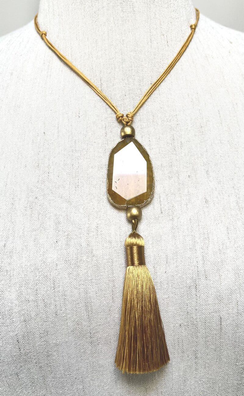 Amber agate bead and tassel fancy drop necklace on amber string (N-428) - Image 2