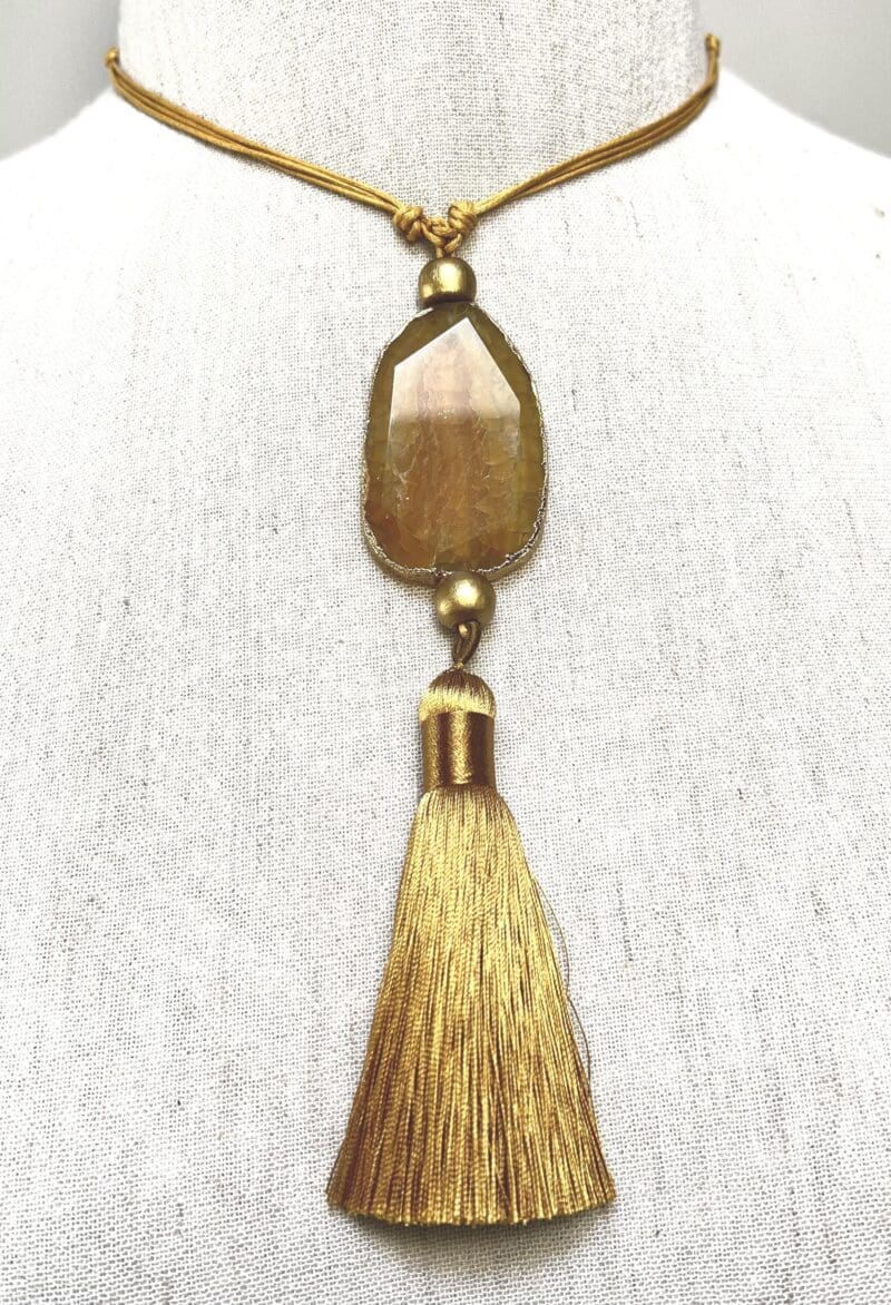 Amber agate bead and tassel fancy drop necklace on amber string (N-428)