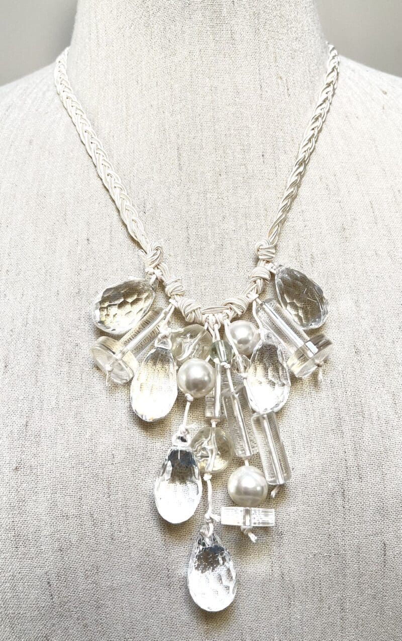 Clear crystal drops, acryclic beads and pearls fancy dangle necklace on cream cord (N-430) - Image 2