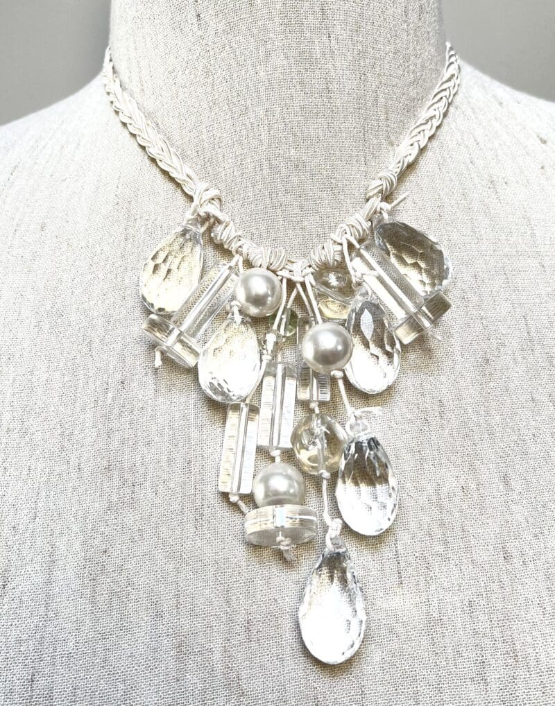 Clear crystal drops, acryclic beads and pearls fancy dangle necklace on cream cord (N-430)