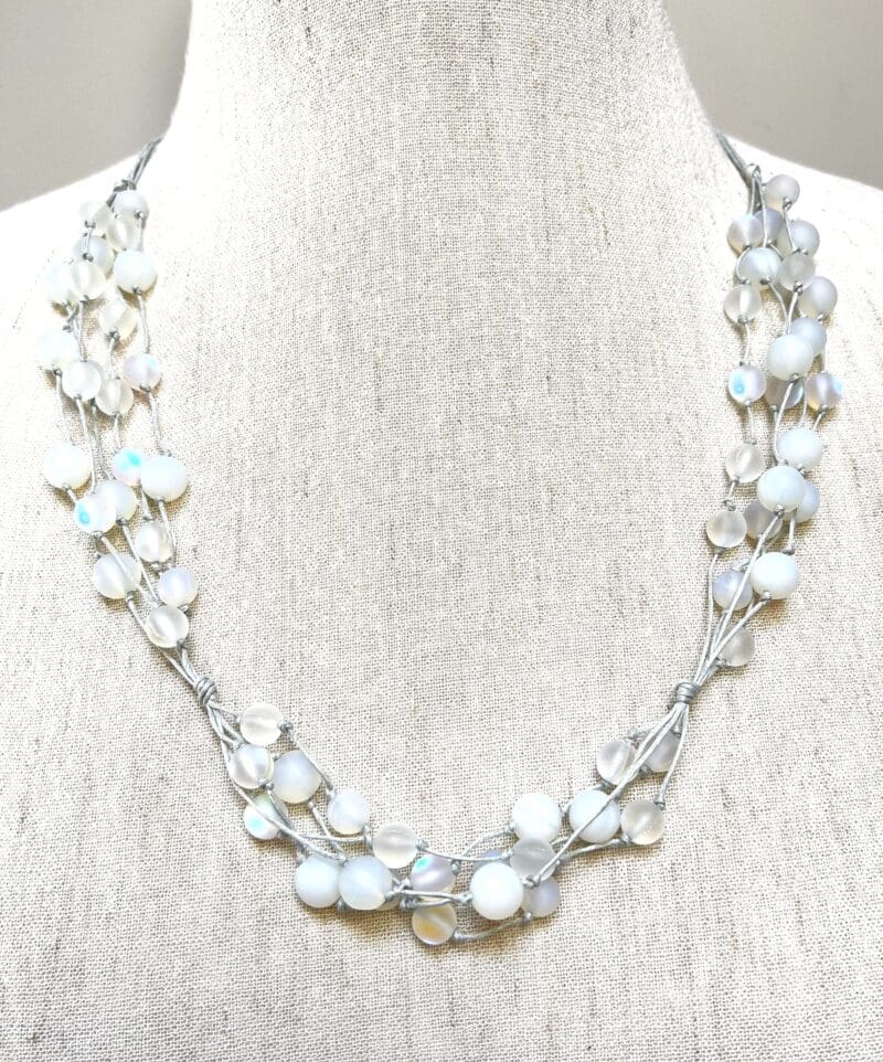 Moonstone opalite beads 5-strand knot necklace on light grey string (N-432) - Image 2