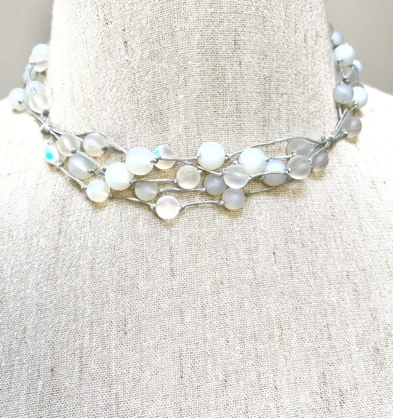 Moonstone opalite beads 5-strand knot necklace on light grey string (N-432)