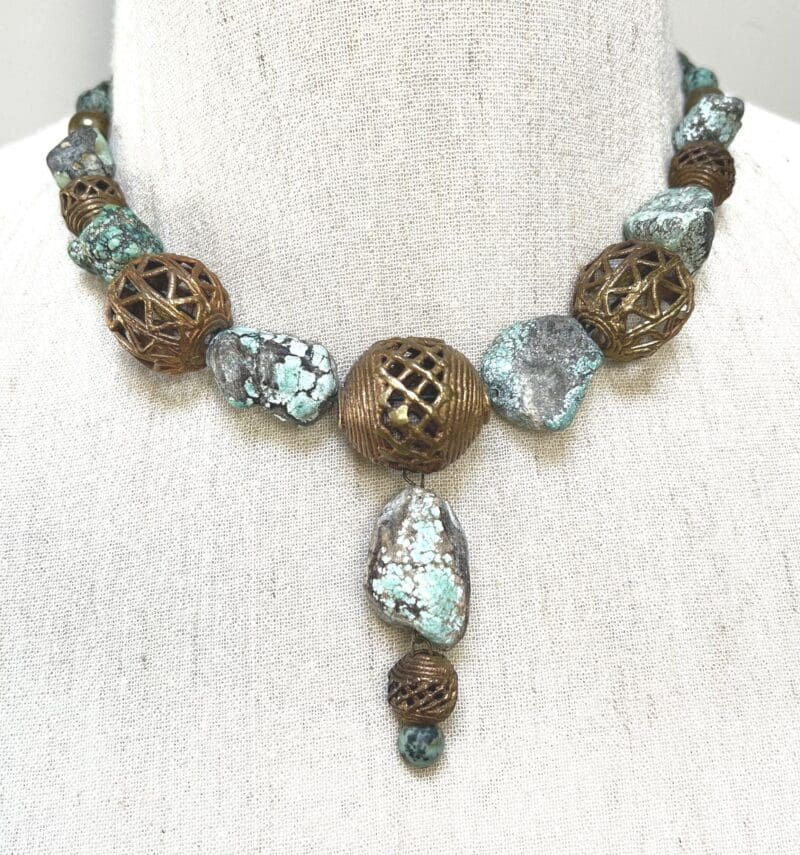 Turquoise Chunk and brass beads 1-strand necklace on dark green string (N434)