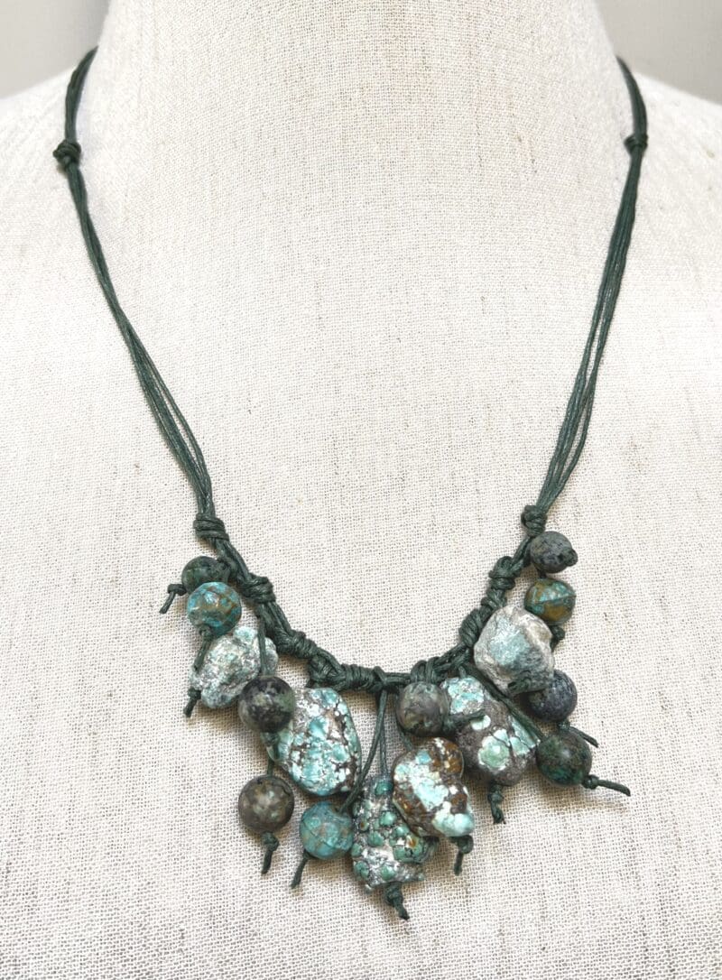 Turquoise chunk and African beads on dark green string dangle necklace (N-435) - Image 2