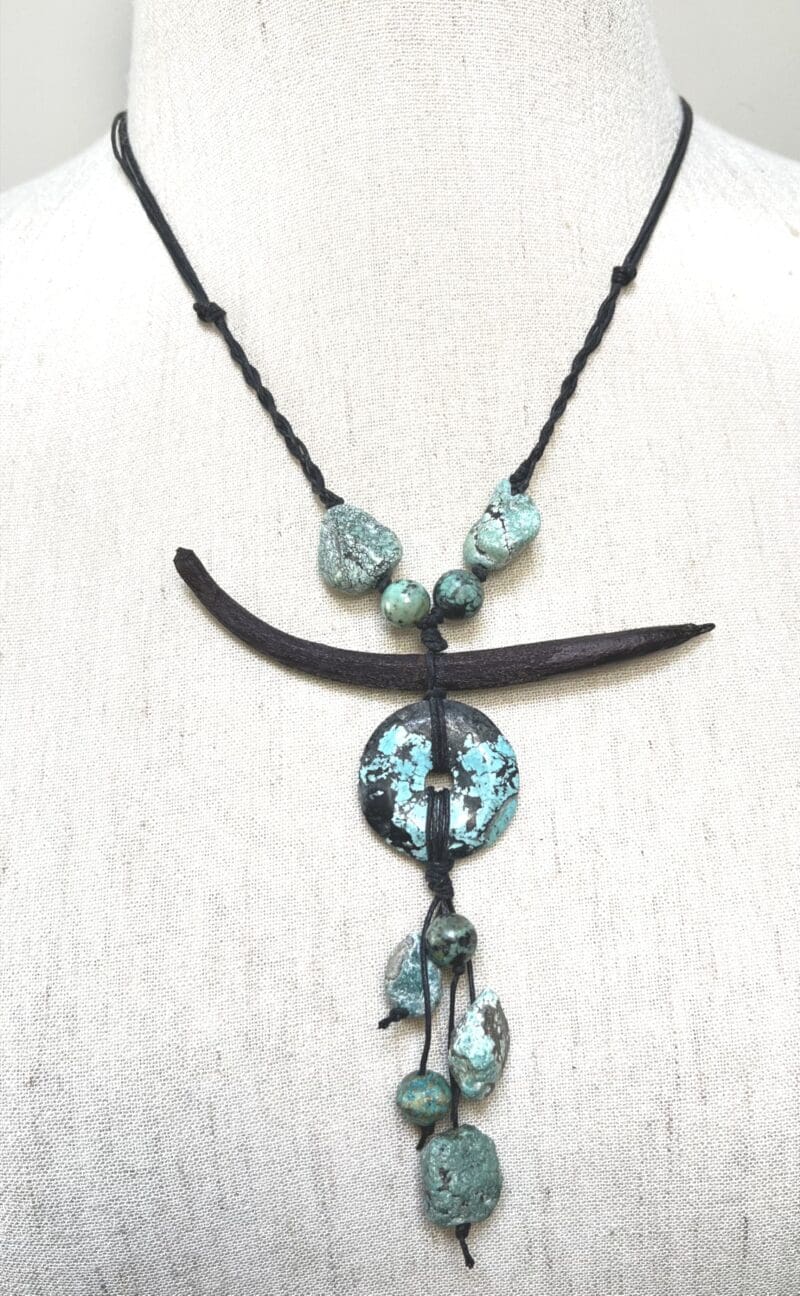 Turquoise chunks, beads, disc and mangrove seed fancy drop necklace on dark green string (N-436) - Image 2