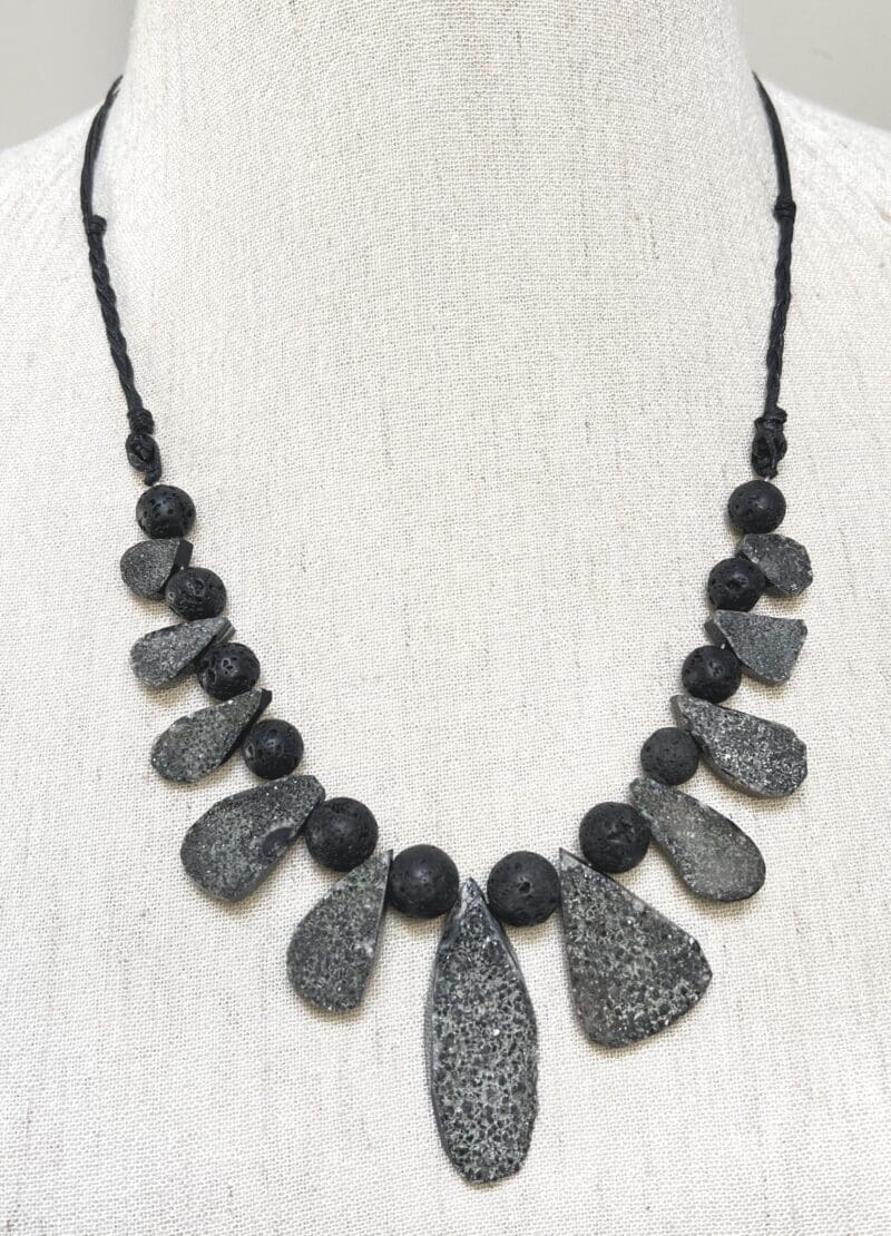Grey druzy teardrop and black beads on black string (N-437) - Image 2
