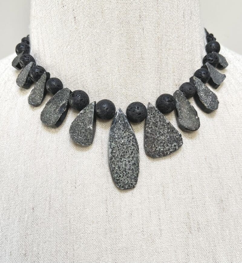 Grey druzy teardrop and black beads on black string (N-437)
