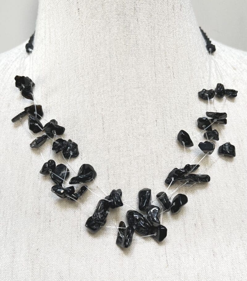 Black chip 4-strand necklace on clear and black string (N-438) - Image 2