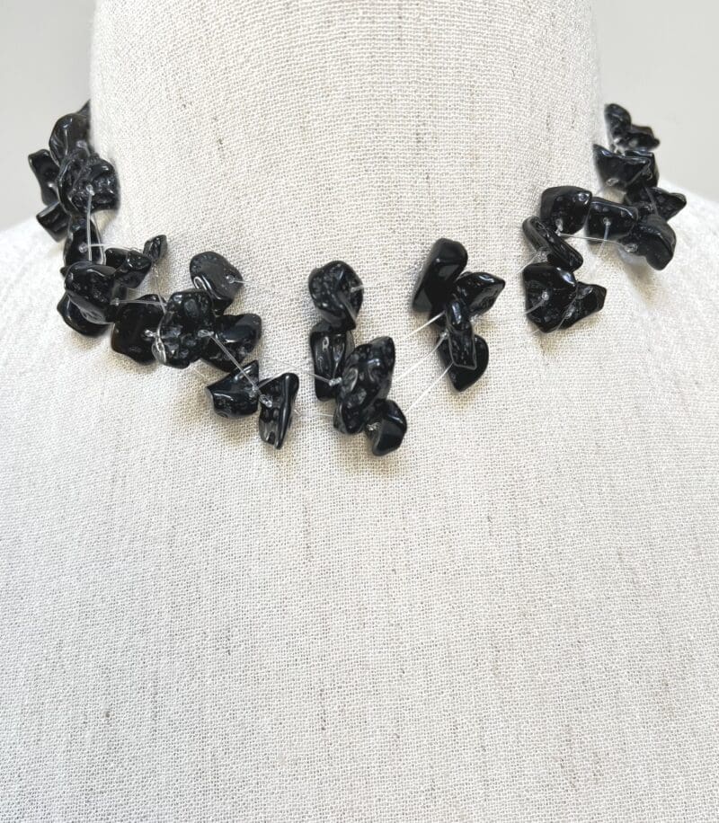 Black chip 4-strand necklace on clear and black string (N-438)