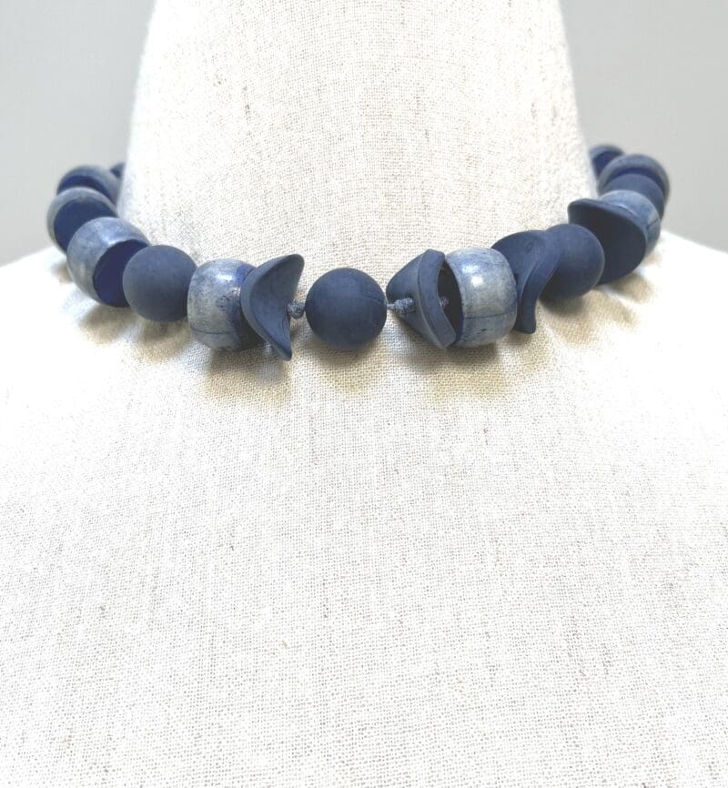 Navy bone and other beads 1-strand necklace on navy string (N-439) - Image 2