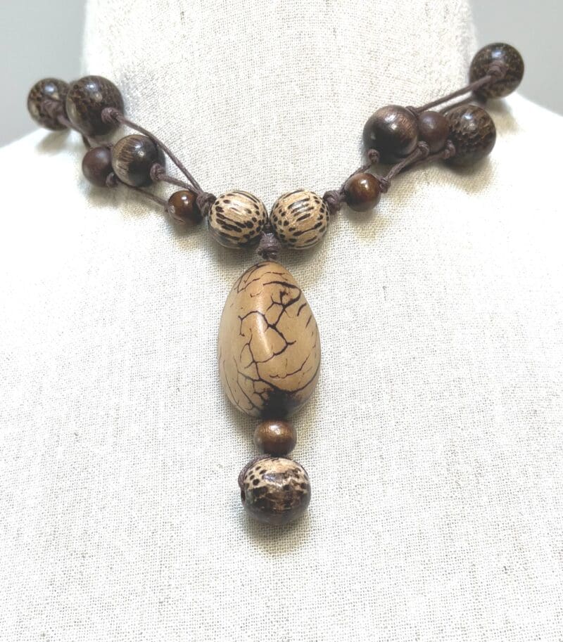 Brown Tagua nut and wood beads drop necklace on brown string (N-440) - Image 2