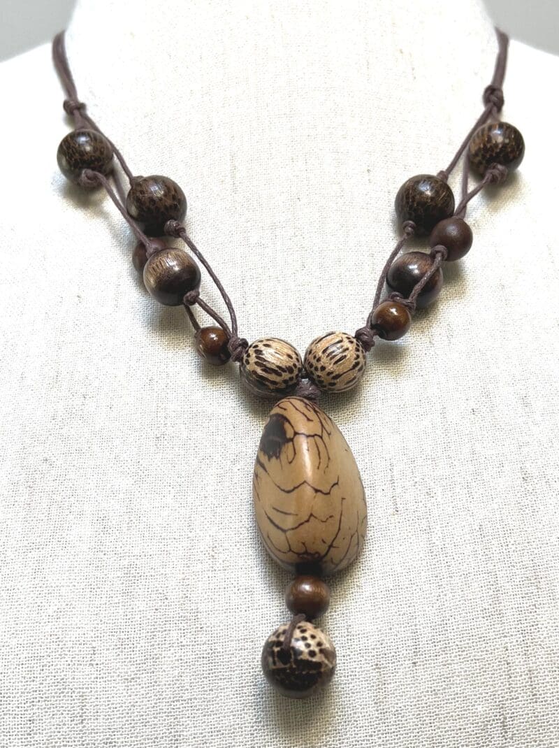 Brown Tagua nut and wood beads drop necklace on brown string (N-440)
